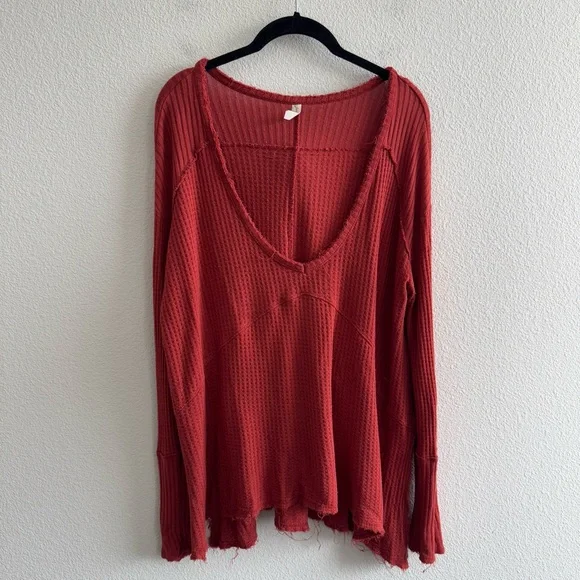Free People Drippy Thermal Sunset Park Top Dark Rust Red Long Sleeve Waffle Knit - Picture 2 of 9